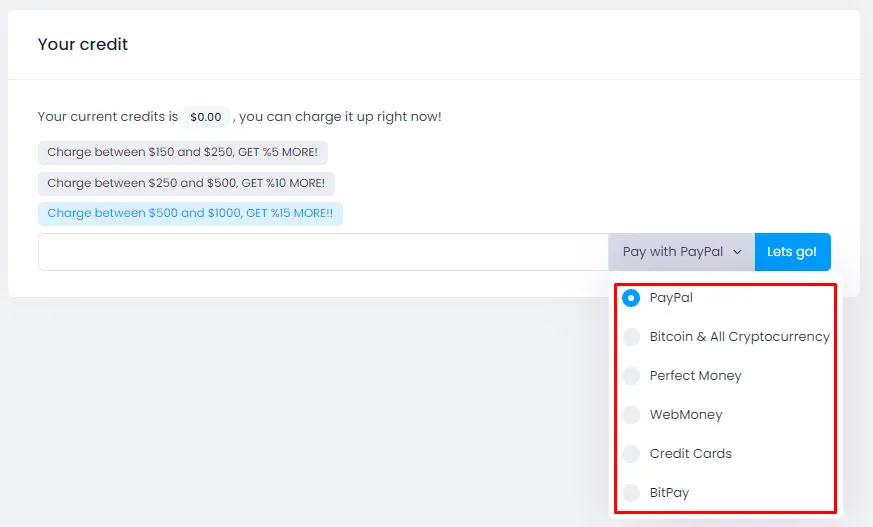 Choose Payment method to top up 1Gbits