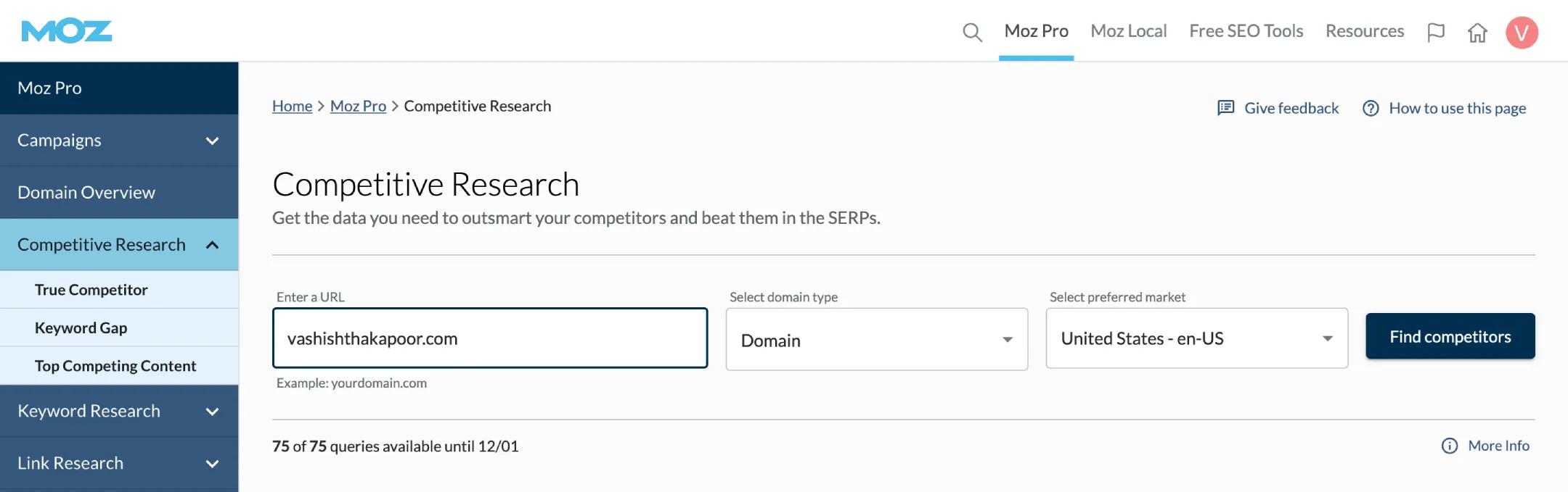 Find competitors in Moz pro