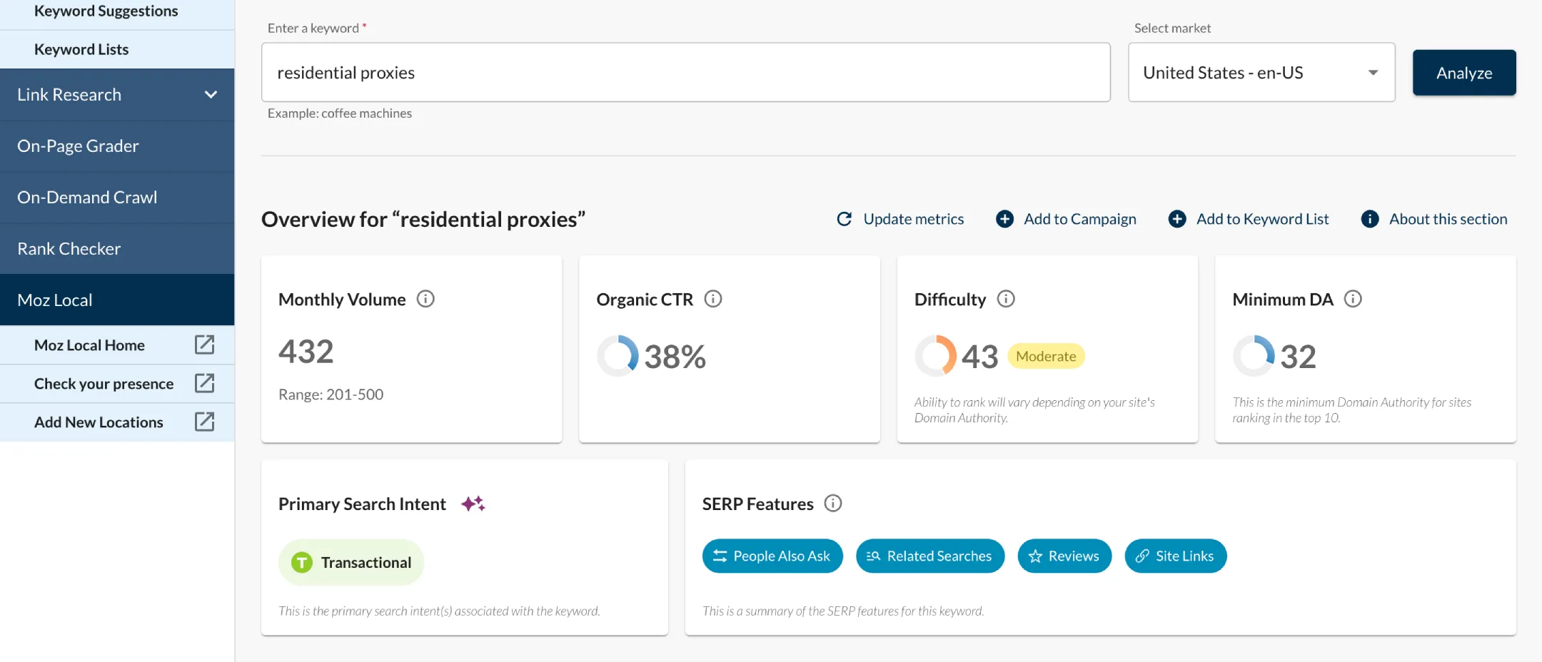 Moz pro keyword research details