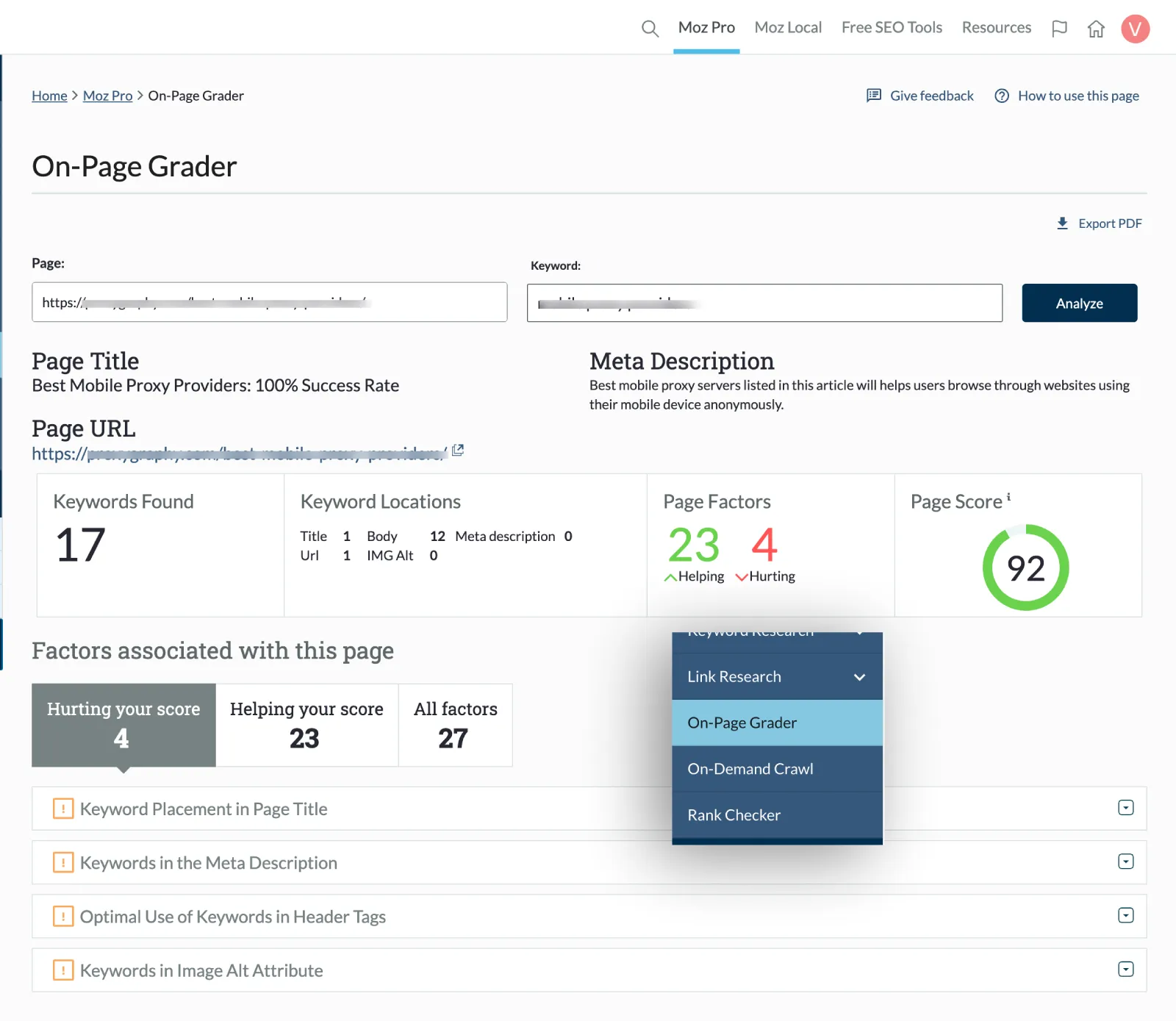 On page grader tool by Moz Pro