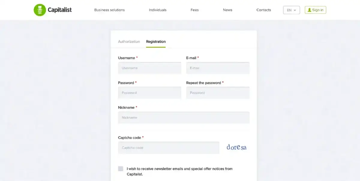 capitalist registration step2 fill form