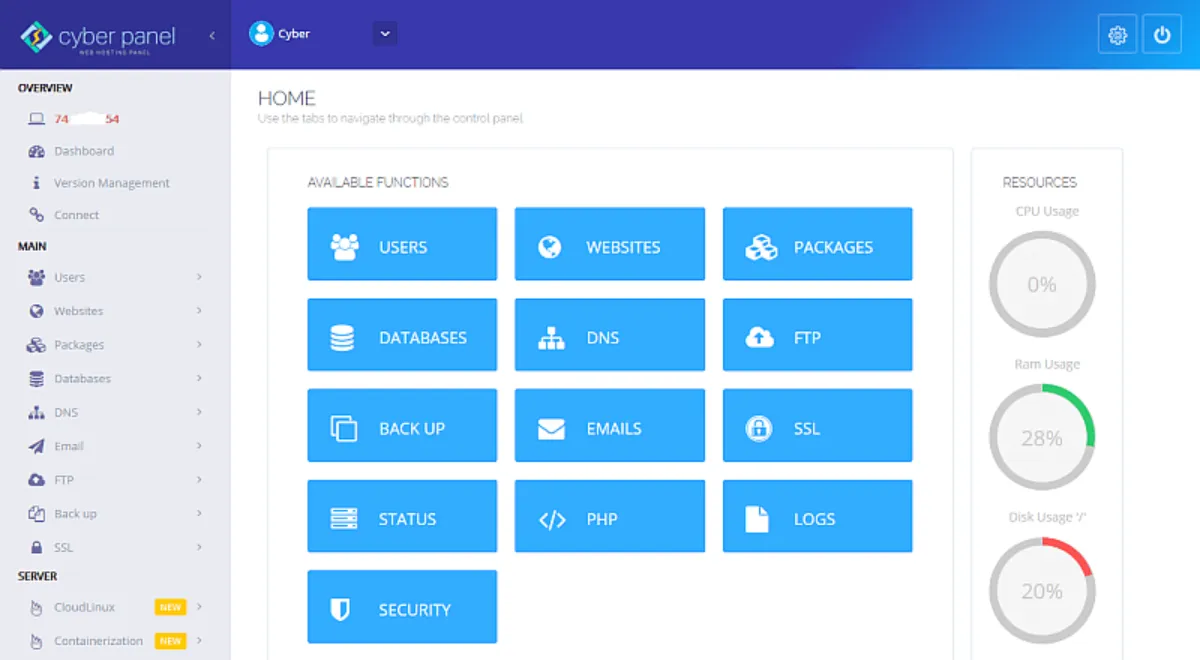 cyberpanel dashboard